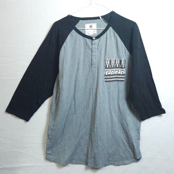 on the byas Other - On The Byas Mens XL Grey Black Raglan Henley Shirt Tribal Pocket Speckled‎ Tee